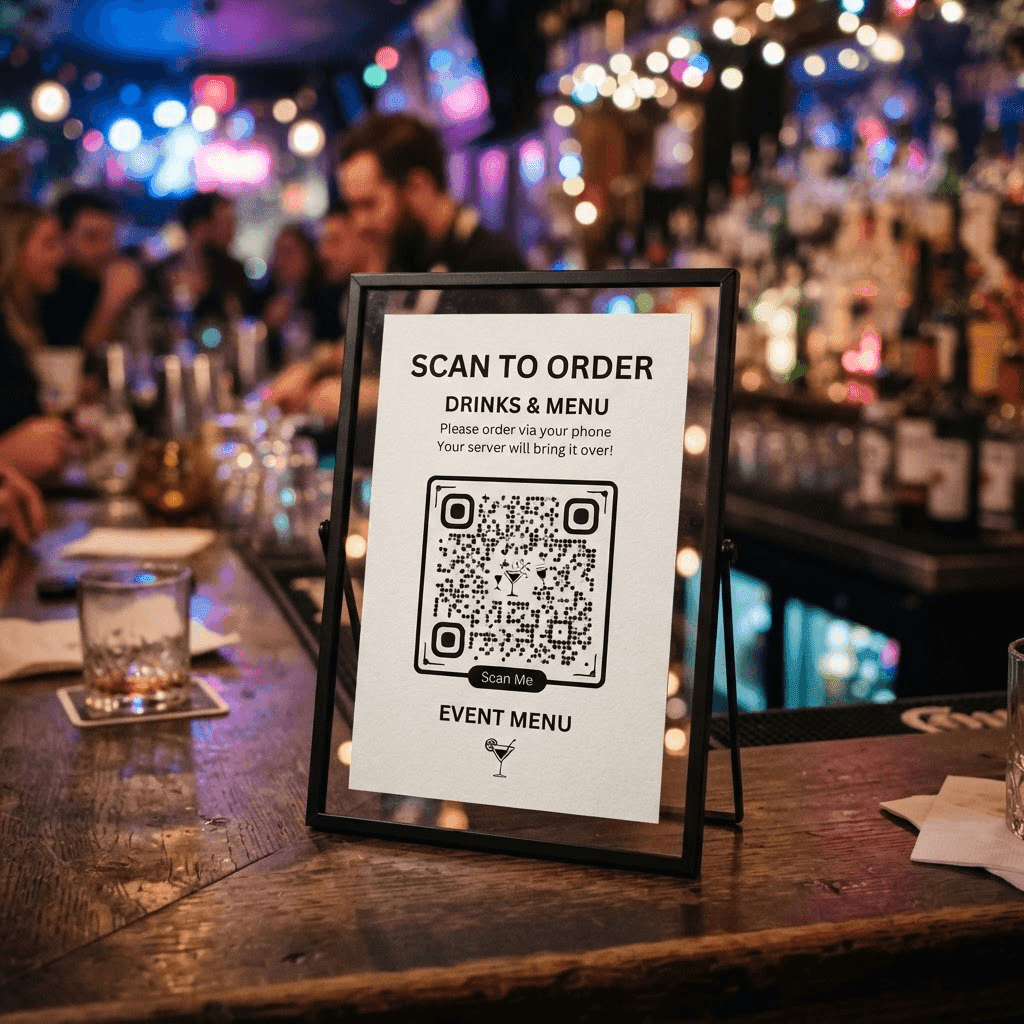 Gerahmtes Schild mit QR-Code an einer Party-Bar