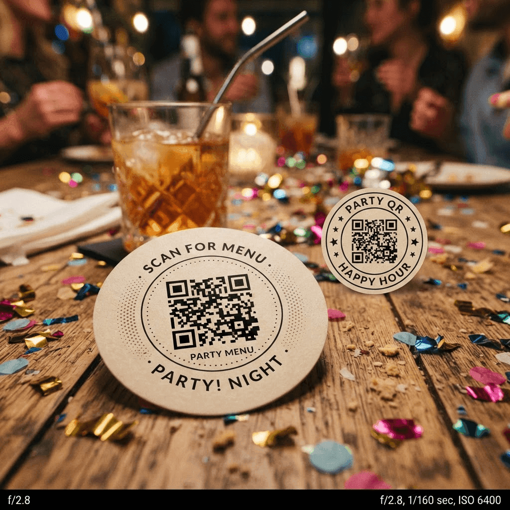 Untersetzer und Sticker mit QR-Code auf einem Partytisch