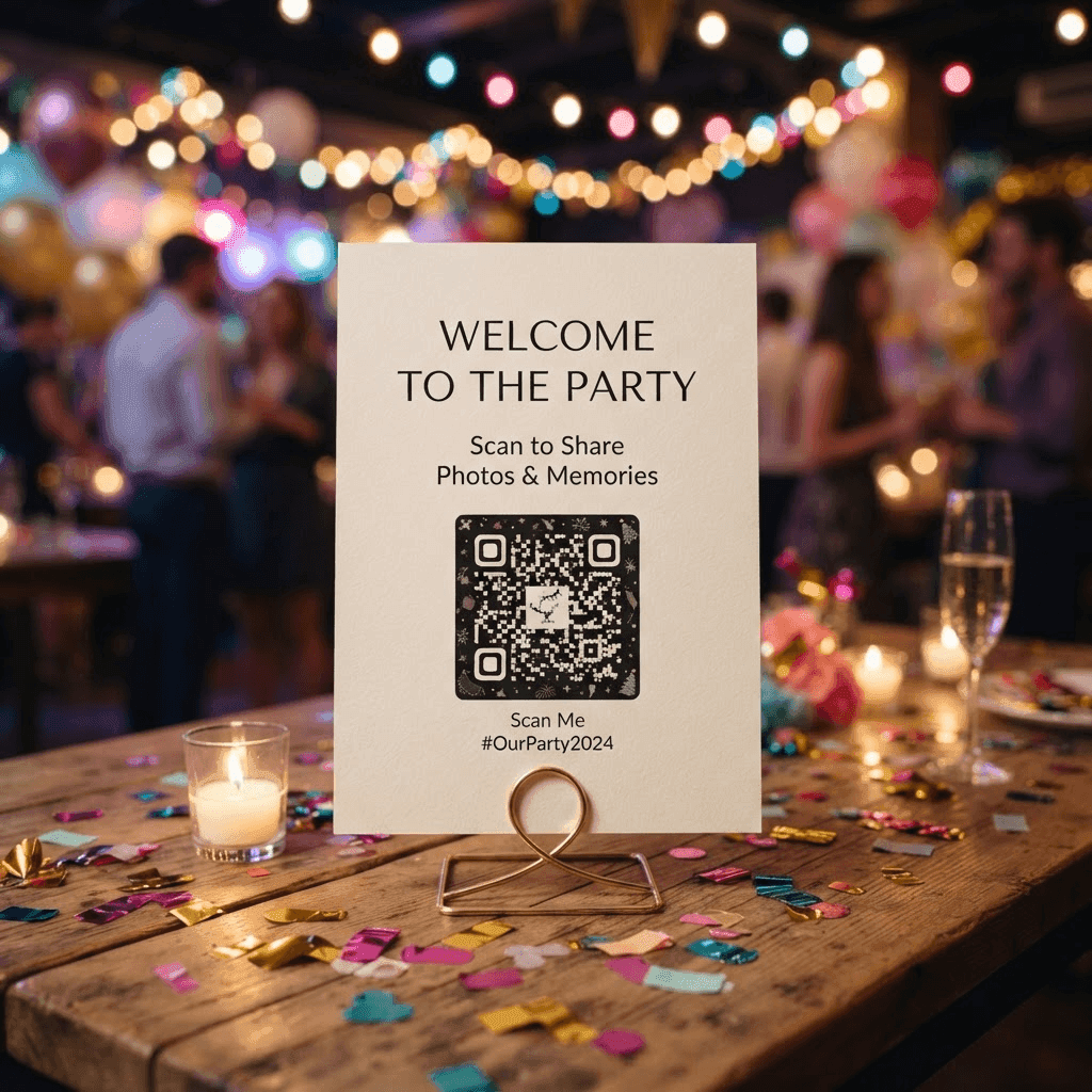 Moderne Tischkarte mit QR-Code auf einem festlich gedeckten Partytisch
