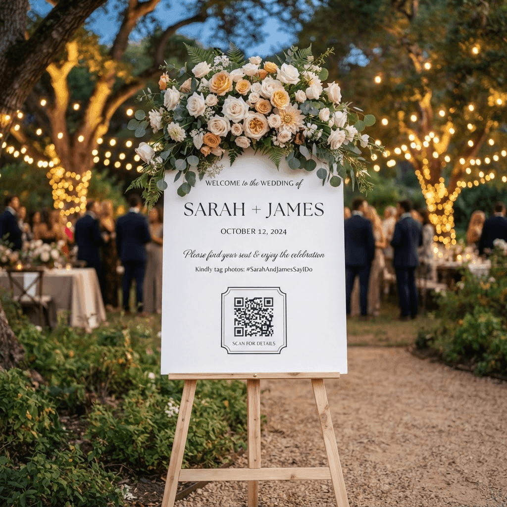 Blumengeschmückter Willkommens-Aufsteller mit QR-Code bei einer Hochzeit