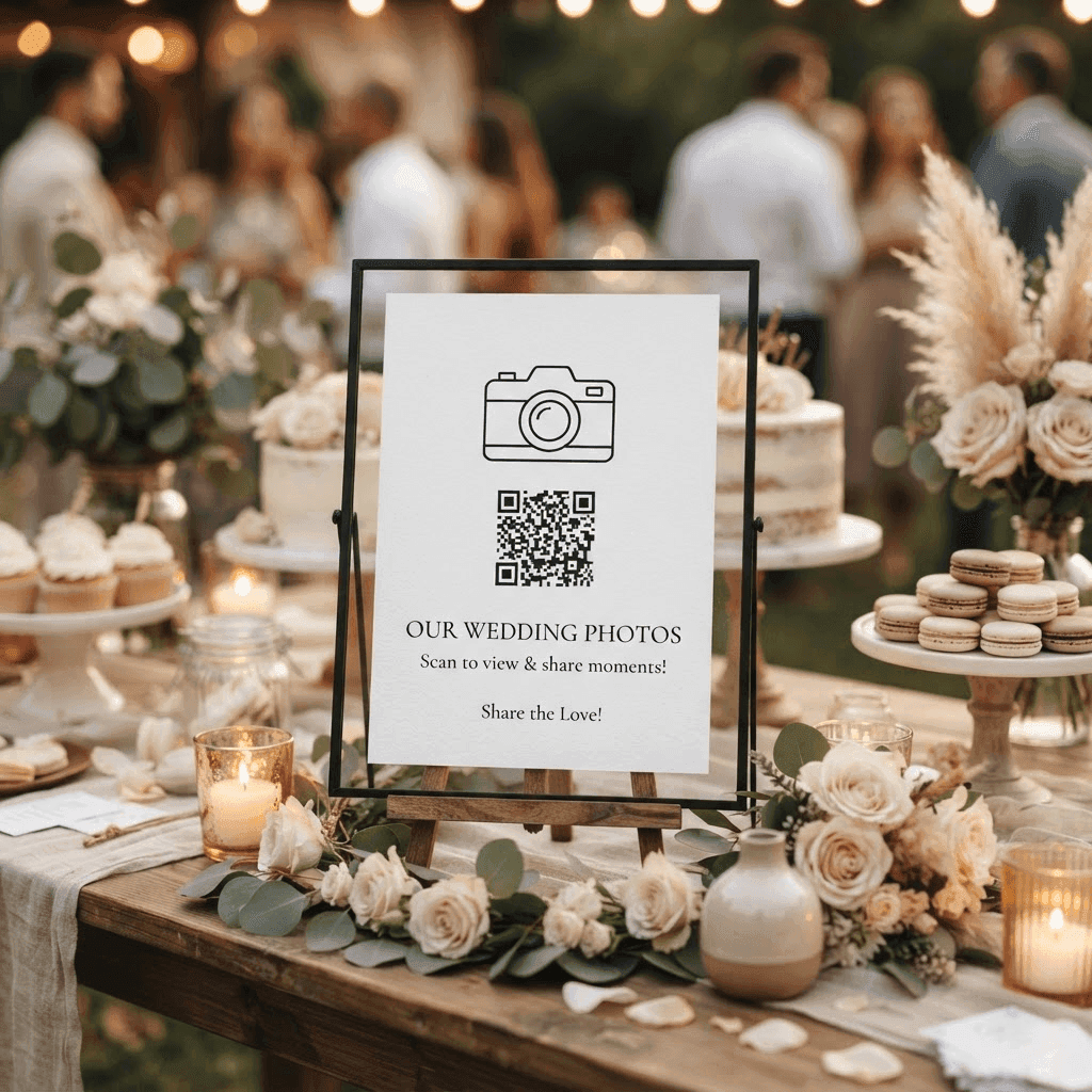 Gerahmtes Poster mit Kamera-Symbol und QR-Code am Sweet Table