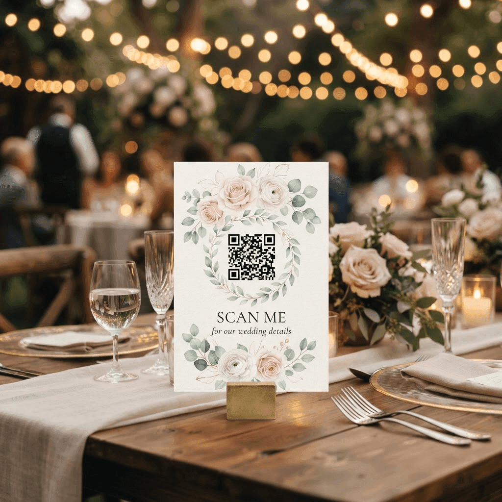 Elegantes Tischkärtchen mit QR-Code auf einem gedeckten Hochzeitstisch