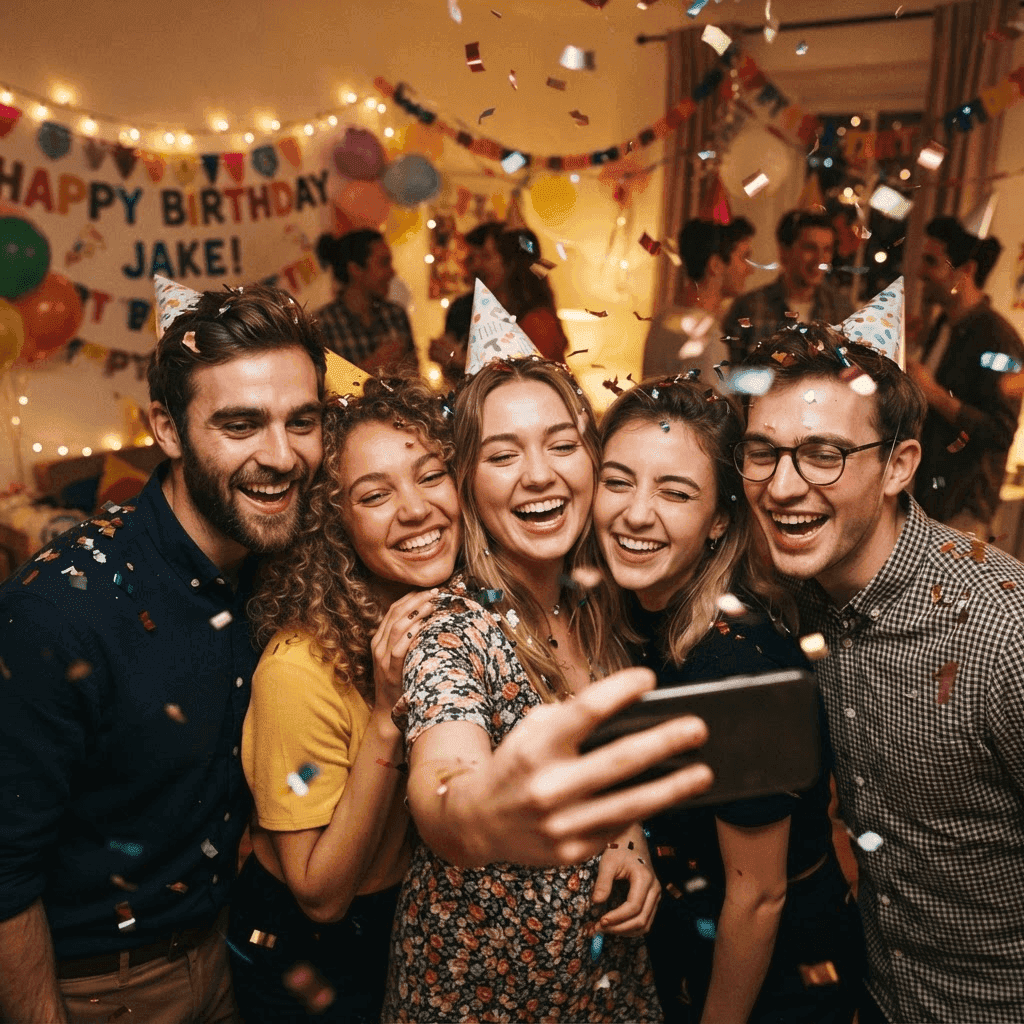 Freunde machen ein Selfie auf einer Geburtstagsparty