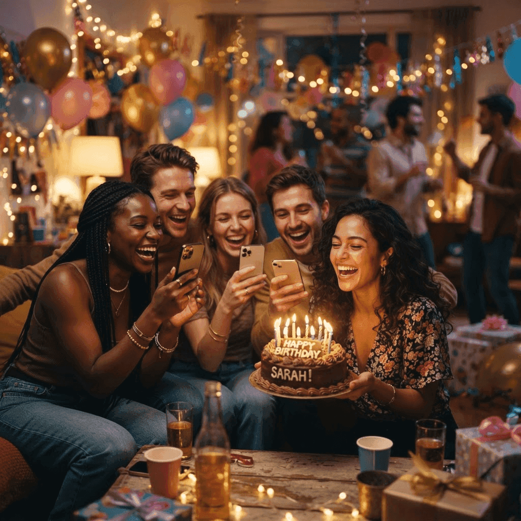 Freundesgruppe feiert ausgelassen bei einer Party