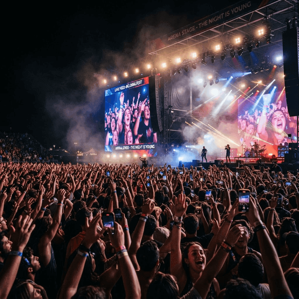 Große Festival-Menge vor hellen LED-Screens bei Nacht